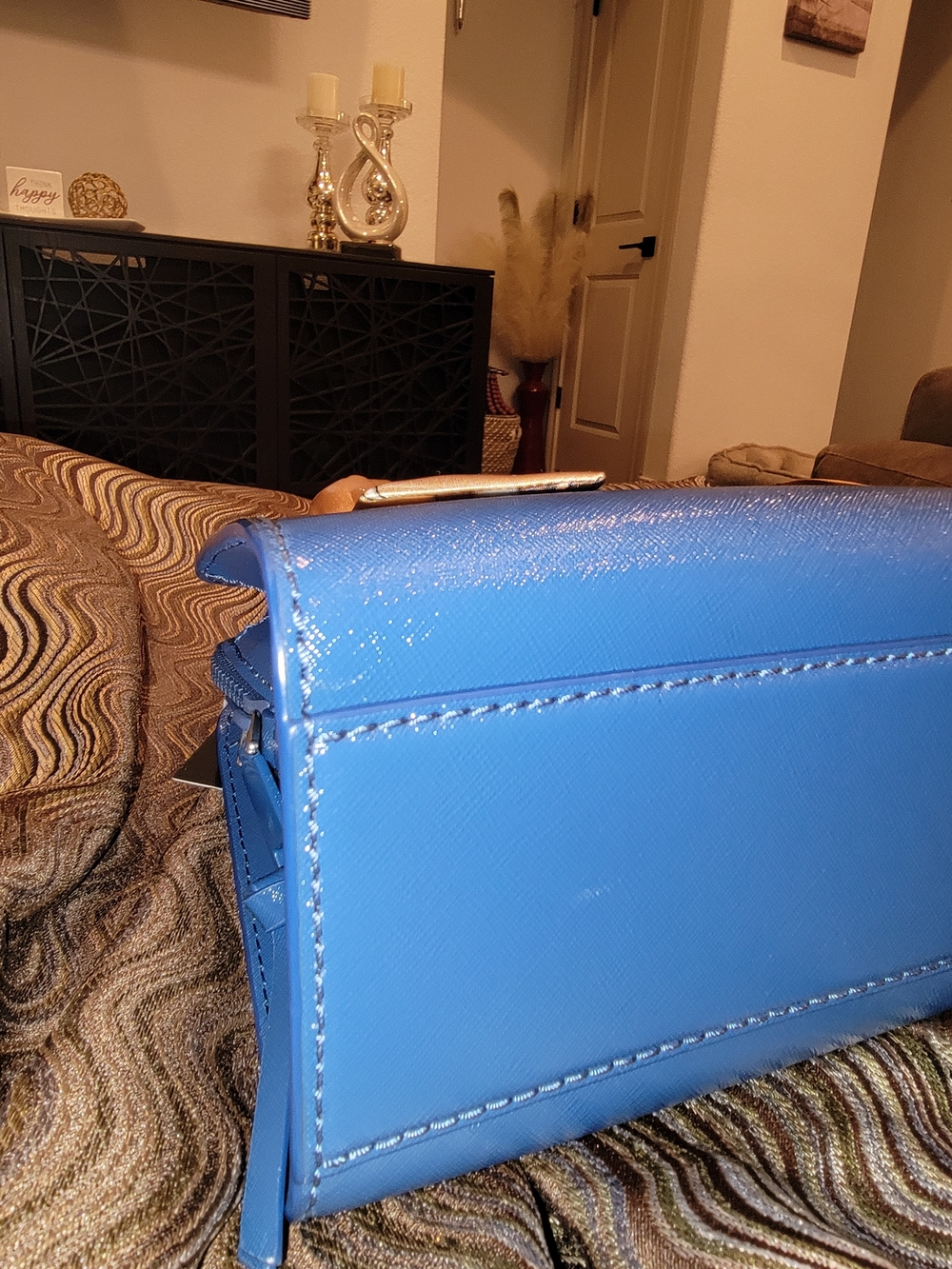 Structured Blue Crossbody Satchel with Twilly-Wrapped Handle - Picture 4 of 6